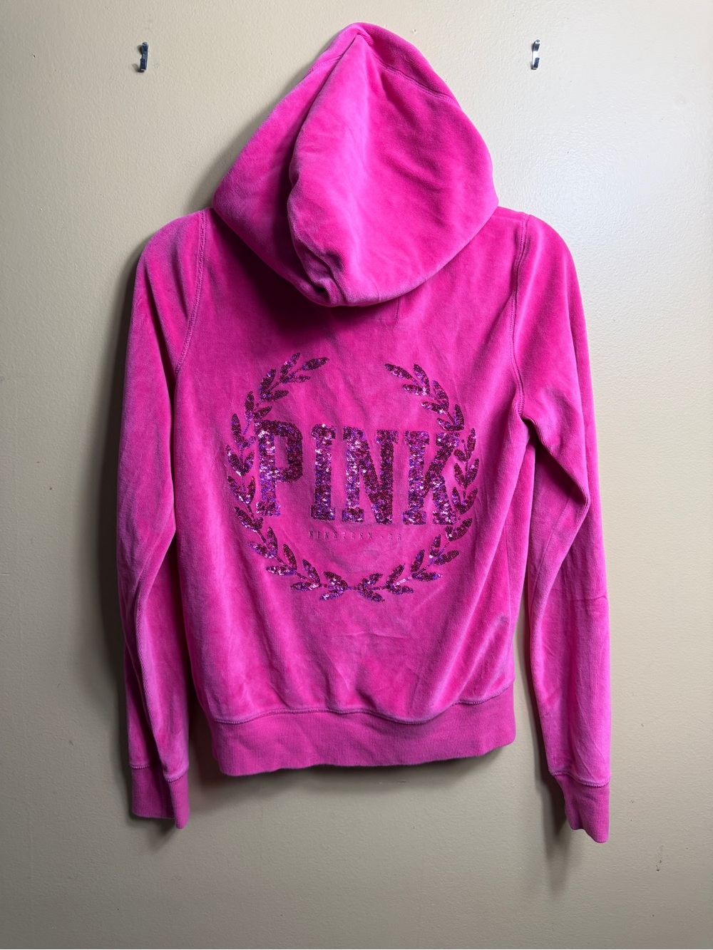 PINK Victoria's Secret Hot Pink Velour Full Zip Hoodie Sequin Bling Small